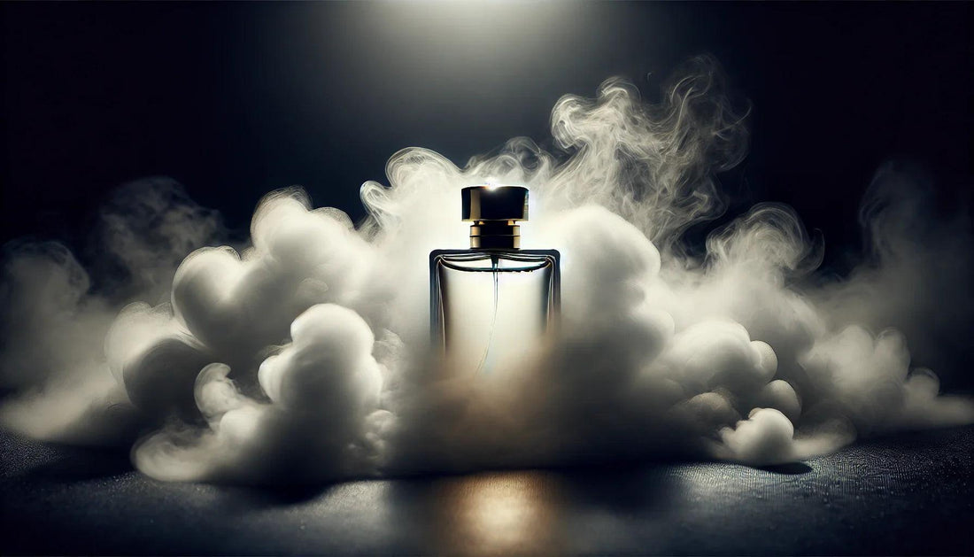 A mysterious perfume bottle emerging from a soft, ethereal fog. The bottle is blank with no visible labels, partially hidden within the mist, creating