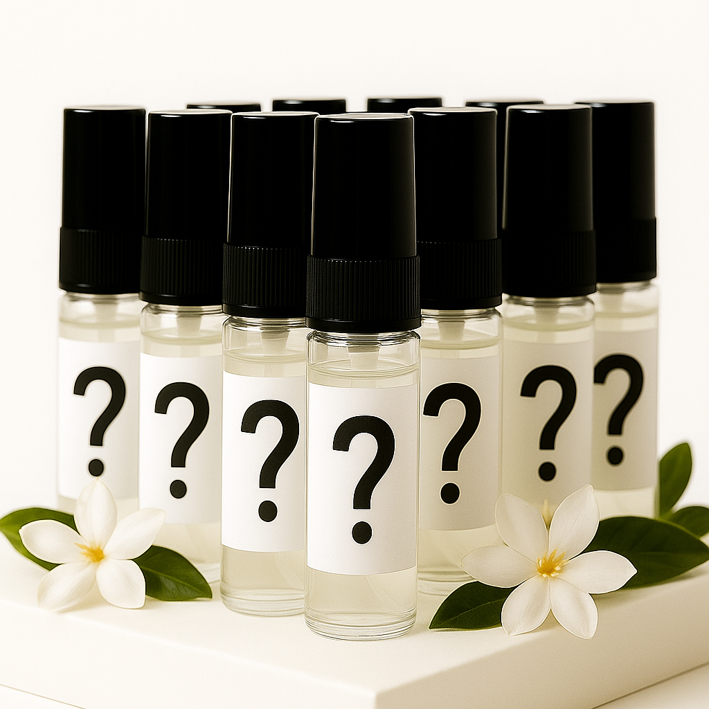 Row of small clear bottles with black question marks on labels, surrounded by white flowers.