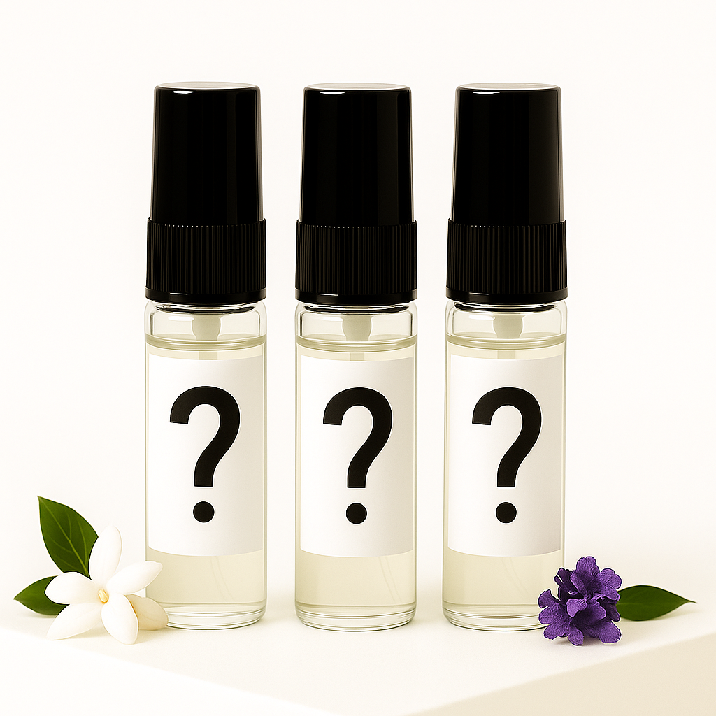 Three clear spray bottles with black question marks on labels against a white background
