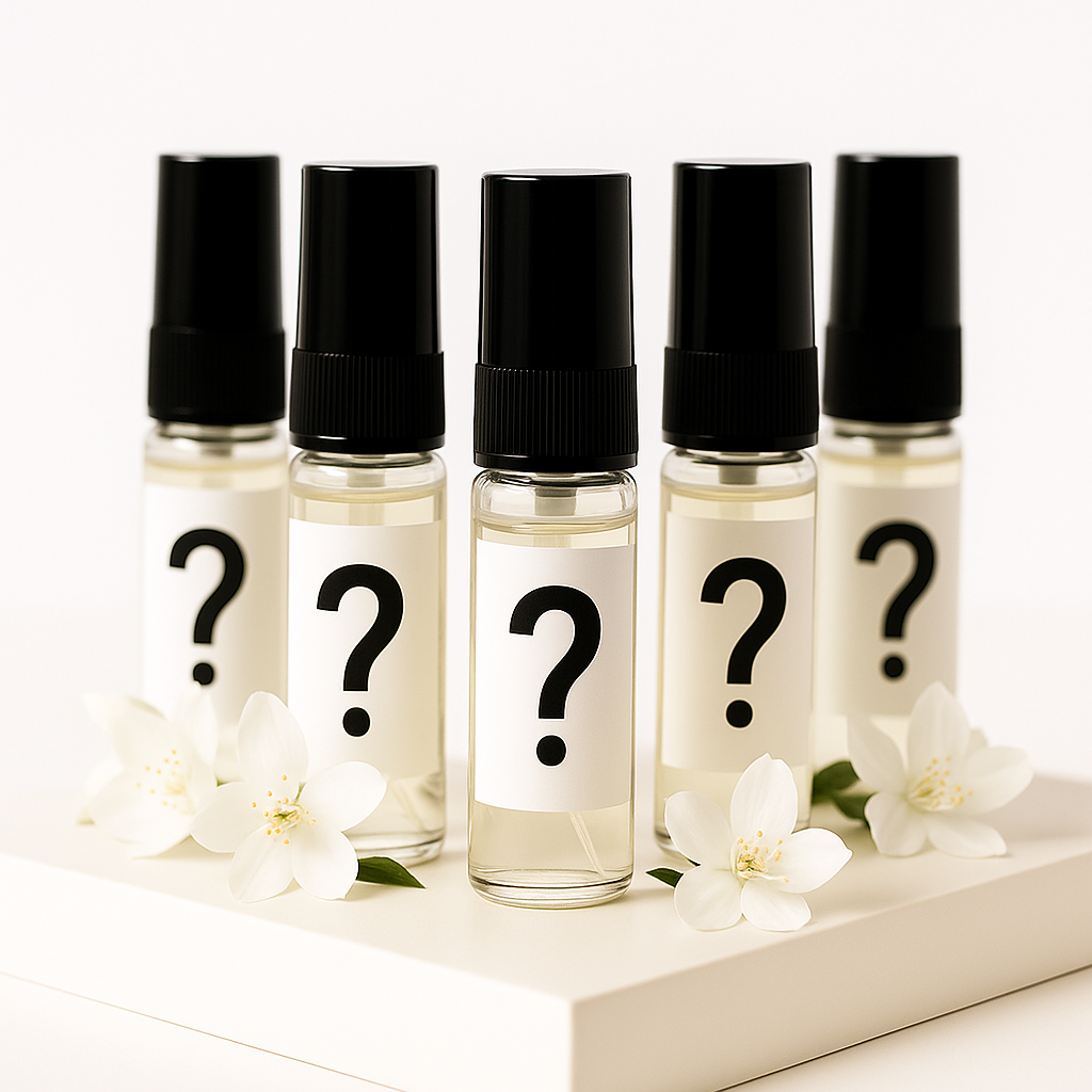 Five small clear bottles with black lids and question marks on labels, surrounded by white flowers on a light background.