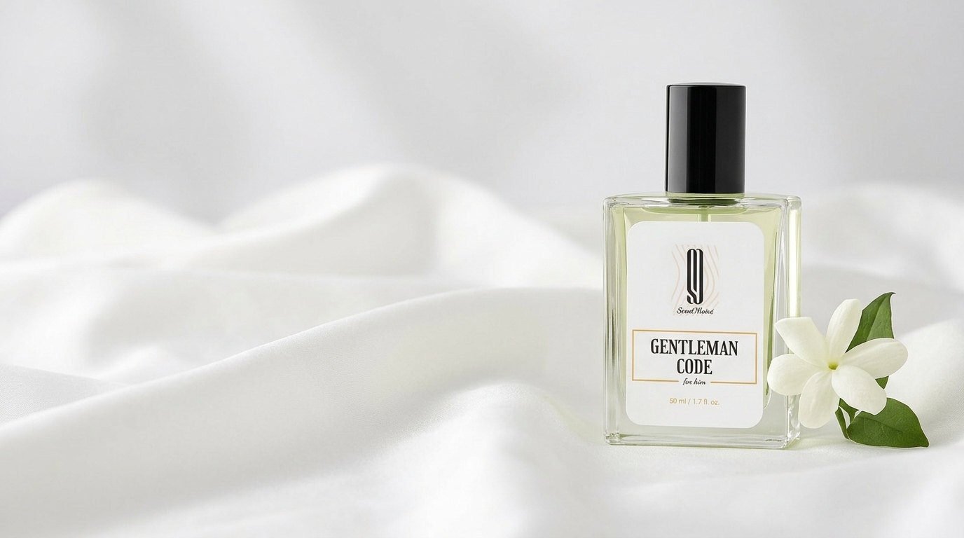Gentleman Code perfume bottle on white silk with a jasmine flower