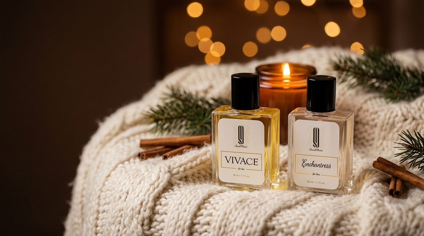 Vivace and Enchantress perfume bottles on a knit throw with a candle and pine